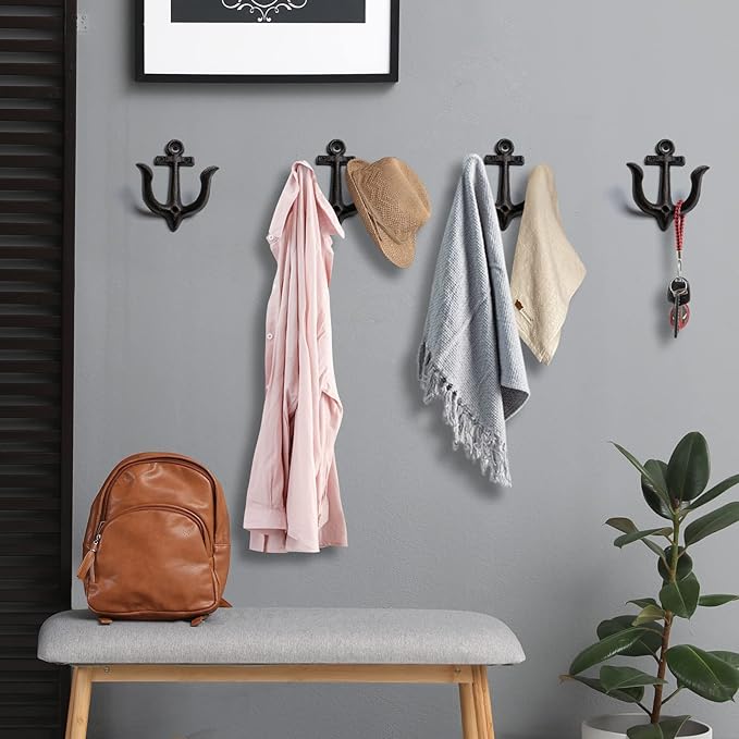 Notakia Decorative Wall Hooks Mounted Antique Shabby Chic Metal Cast Iron Nautical Anchor Design Hooks Hanger, Vintage Rustic Cast Iron Wall Hooks,Screws Included (Brown Anchor 4Pcs)