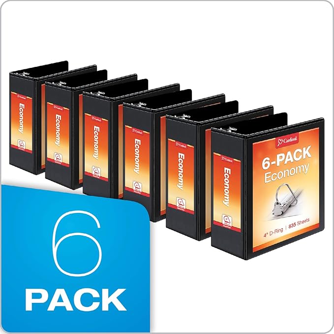 Cardinal Economy 3-Ring Binders, 4", Slant-D Rings, Holds 835 Sheets, ClearVue Presentation View, Non-Stick, Black, Case of 6 (90780)