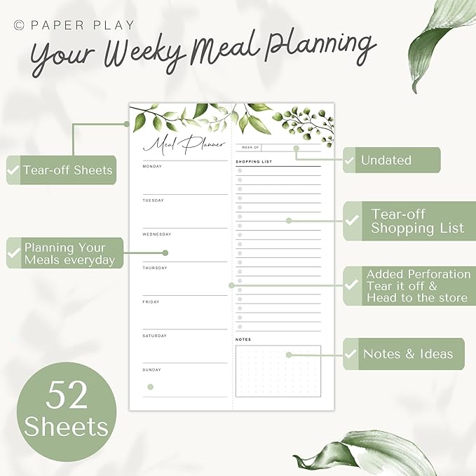 Magnetic Meal Planning Pad for Fridge 52 Undated Tear-off Sheets, 6x9 Inch Meal Planning Notepad for Meal Planner & Grocery List with Magnet, Weekly Meal Planner with Tear Off Shopping List