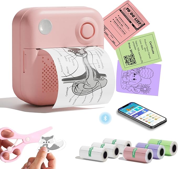 Sticker Printer Print Pods, Little Printer with 7 Rolls Thermal Printing Paper, Inkless Sticker Maker Bluetooth for DIY,Crafts,Journal,Study,Work,Compatible Phone&Tablet (Pink)