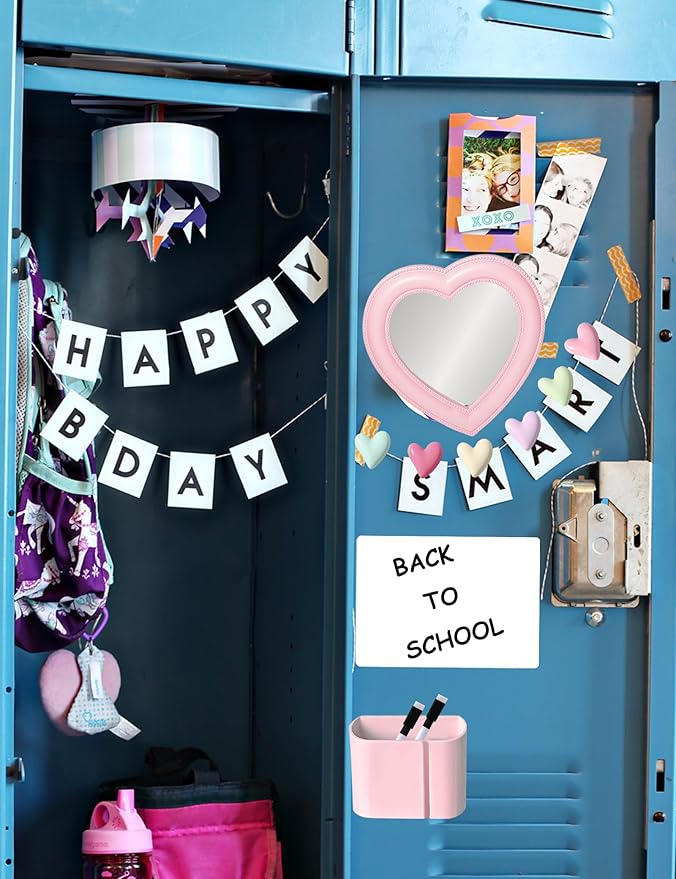 Pink Locker Accessories Kit for Girls with Haert Locker Mirror, Pen Holder, Magnetic Whiteboard, Rug, Magnets, 12 Piece Locker Organizer & Decorations for School Work Locker, Back to School Essentials