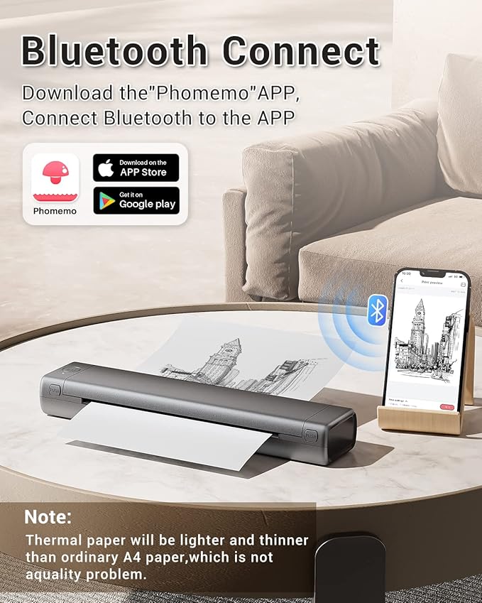 Phomemo Inkless Portable Printer for Travel - Wireless Thermal Printer Compatible with Phone & Laptop, Bluetooth Printers Supports 8.5" X 11" Letter Thermal Paper, Come with Carry Case