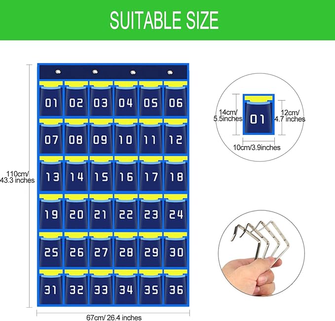 42 Pocket Classroom Cell Phone and Calculator Pocket Chart with Number Labels Clear Hanging Organizer with Hooks for School, Office, Home