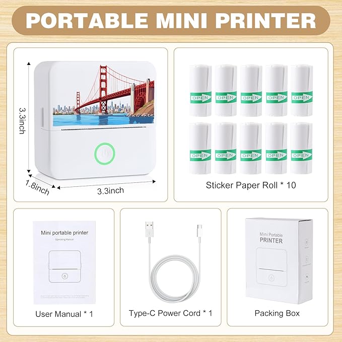 cudinham Print Pods Mini Printer, Thermal Inkless Sticker Maker with 3 Rolls Paper, Pocket Printpod for Phone, Impresora Portátil for Notes, Flashcards, Journal, DIY (Golden Gate Bridge)