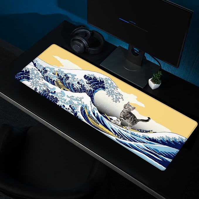 Funny Cat Surfing The Great Wave Off Kanagawa Mouse Pad - Large Non-Slip Desk Mat for Office, PC, Laptop - 31.5"x11.8" x 3mm