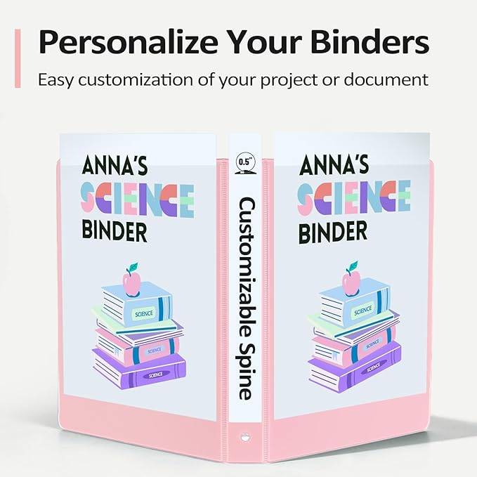 4 Pack Extra Durable 3 Ring Binders 0.5 Inch, Sooez 0.5” Three Ring Binder, Eco-Friendly & PVC Free, Customizable Clear View Cover for Letter Size 8.5 x 11'' Paper, School Office Supplies for Girl