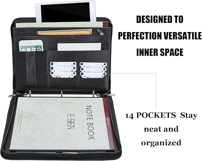 IVESIGN Zippered Padfolio Binder, Faux Leather Organizer with 3-Ring Binder, Left-Handed Design, Business Card Slots & Document Folders - Professional Padfolio for Office (Black)