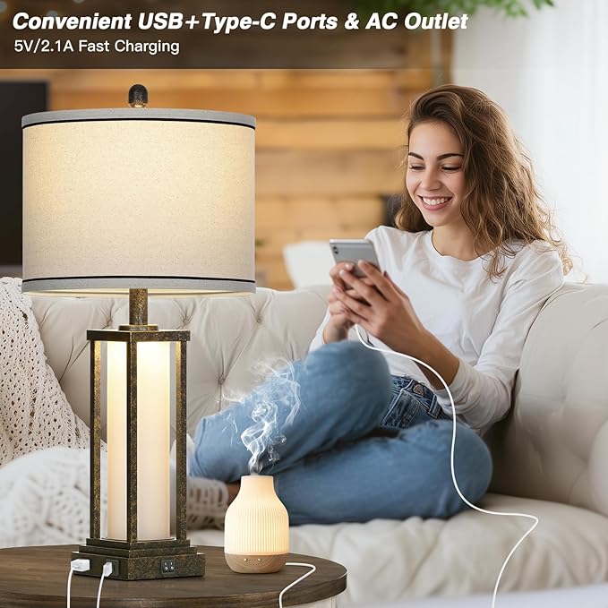 27in Tall Farmhouse Table Lamp Set of 2 with USB C+A & Outlet,Bronze Industrial End Table Lamp for Living Room,Vintage Rustic Bedside Lamps with Night Light for Bedroom Nightstand,Bronze