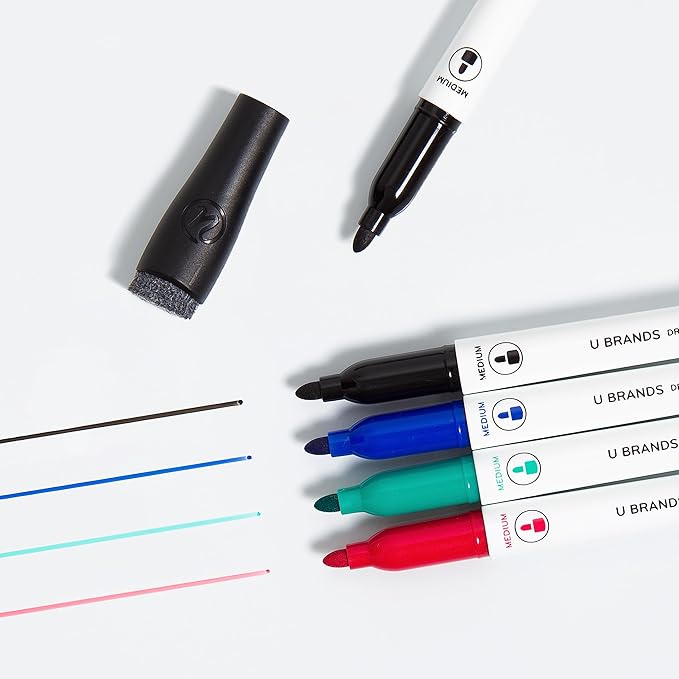 U Brands Fine Tip Dry Erase Markers with Eraser, Whiteboard Markers, Low Odor, Assorted Colors, Set of 12