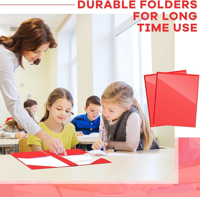 Henoyso 18 Pcs Plastic Folder with Clear Front Pocket and 3 Prong Plastic Folders with Card Slot Pocket Folders with Prongs for School Office (Red)
