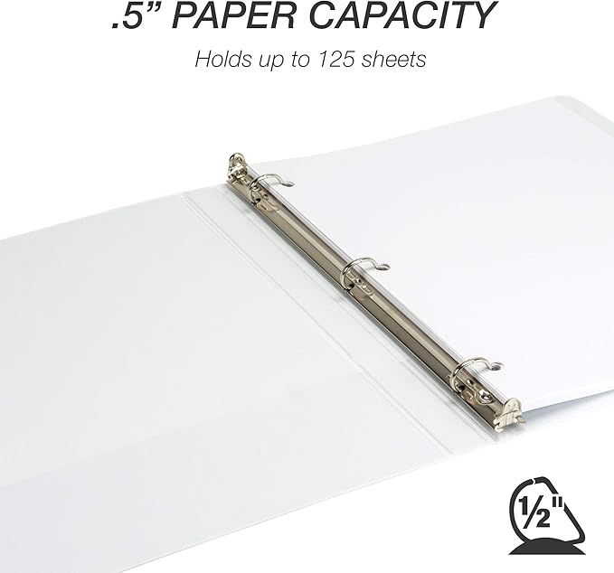 Samsill Durable 0.5 Inch Binder, Made in The USA, D Ring Binder, Customizable Clear View Cover, Pearl White, Holds 125 Pages