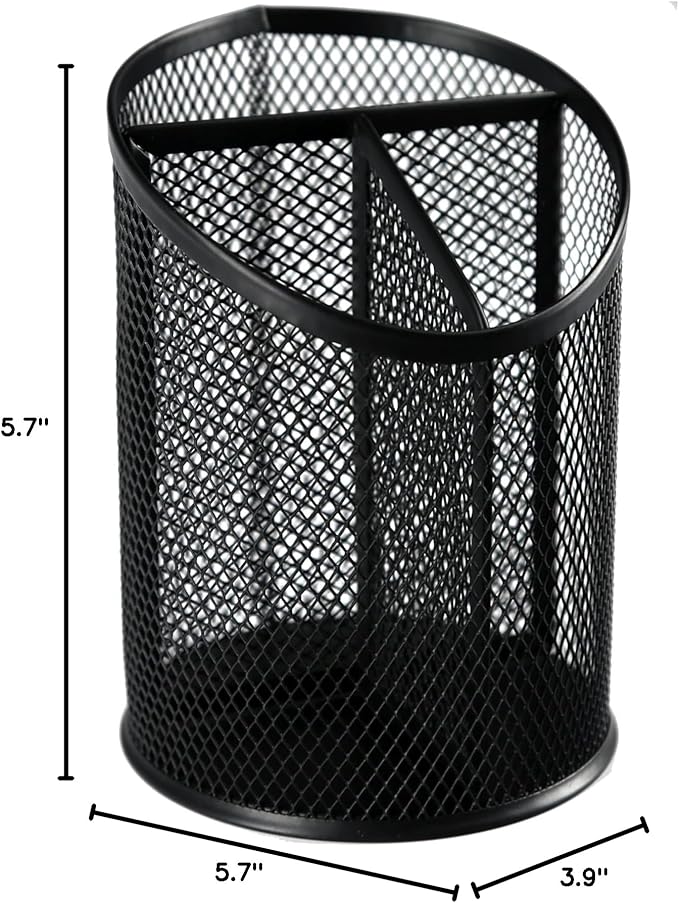 Huron Desktop 3 Compartment Round 5-3/4" Metal Mesh Pen and Pencil Holder Desk Organizer Pen Cup Pencil Cup for Desk Office Pen Organizer (1/4/24/96) (4 pc)