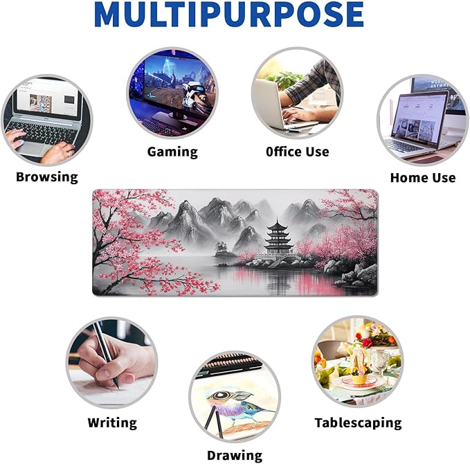 Retro Cherry Blossom Mouse Pad Abstract Big Mouse Pad 31.5x11.8 Inch Retro Texture Non-Slip Rubber Base Large Mousepad Stitched Edges Keyboard Mouse Mat Desk Pad for Office and Home