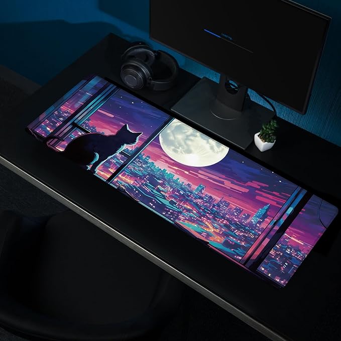 Cool Purple Moom Cat Mouse Pad, City Cats Busy Night Scene Mousead - Large Non-Slip Desk Mat for Office, PC, Laptop - 31.5"x11.8" x 3mm