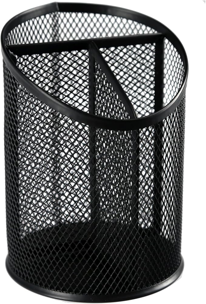 Huron Desktop 3 Compartment Round 5-3/4" Metal Mesh Pen and Pencil Holder Desk Organizer Pen Cup Pencil Cup for Desk Office Pen Organizer (1/4/24/96) (4 pc)