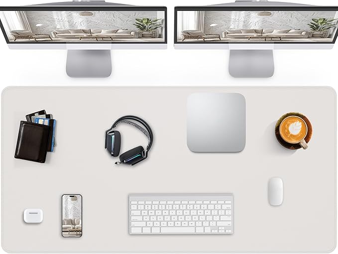 Extra Large Desk Pad Mat - Waterproof Mouse Pad & Desk Protector, Non-Slip XXL PU Leather Gaming Mat for Keyboard/Mouse, Stitched Edge with Ergonomic Support, 47.2"x23.6" (White)