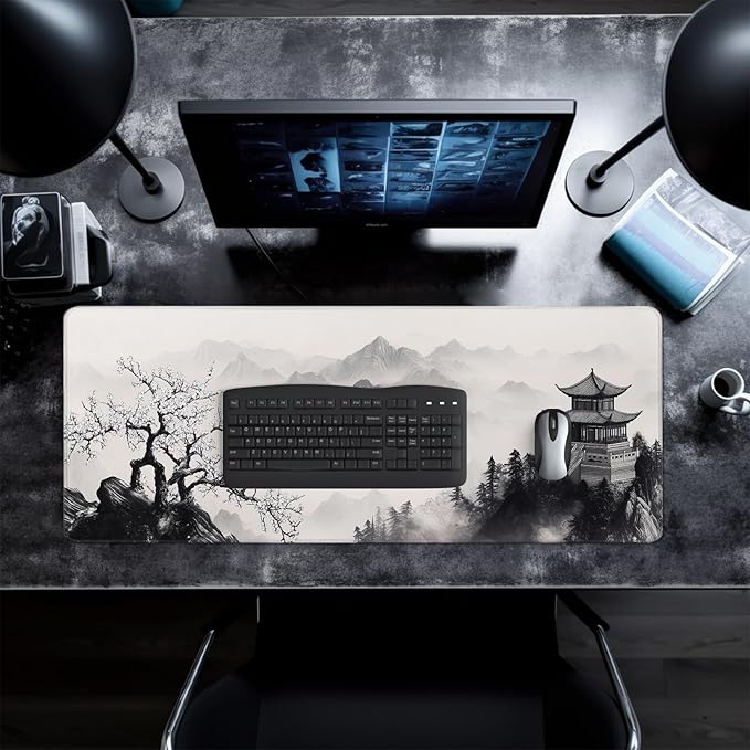 Pagoda Mouse Pad Abstract Cherry Blossom Watercolor Mouse Pad 31.5x11.8 Inch Texture Non-Slip Rubber Base Large Mousepad Stitched Edges Keyboard Mouse Mat Desk Pad for Office