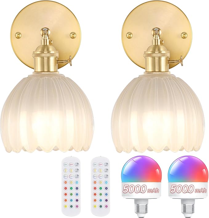 Vintage 5000 mAh Battery Operated Wall Sconce with Cream Tulip Glass Lampshade Rechargeable Battery Powered Wall Light with Remote Control for Bedroom Doorway, Set of 2