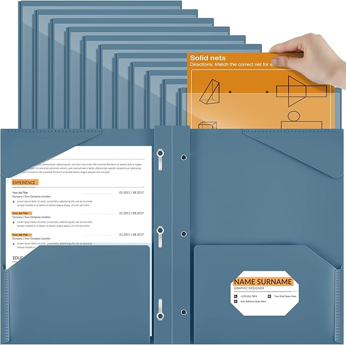 Henoyso 18 Pcs Plastic Folder with Clear Front Pocket and 3 Prong Plastic Folders with Card Slot Pocket Folders with Prongs for School Office (Navy Blue)