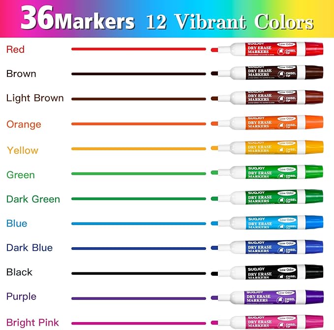 Dry Erase Markers, Bulletl Tip Whiteboard Markers, Low Odor Thick Dry Markers, 36 Bulk 12 Assorted Color Marker for Whiteboard, Classroom, Office & Home (36 Count 12 Colors)
