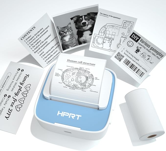 HPRT Mini Printer Sticker Maker with 1 Rolls Paper, Bluetooth Portable Thermal Printer, Study Printer for Pictures, Study Notes, Kid's DIY Creation, Memo, List,Compatible with Phone, Blue