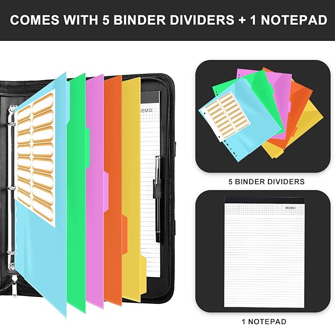 Leathario 3-Ring Portfolio Binder, Includes 5 Folder Index Dividers, 13 Inch Tablets Organizer with Handle, Vegan Leather A4 Padfolio, Multi-Pocket Notepad Business Planner Professional Document