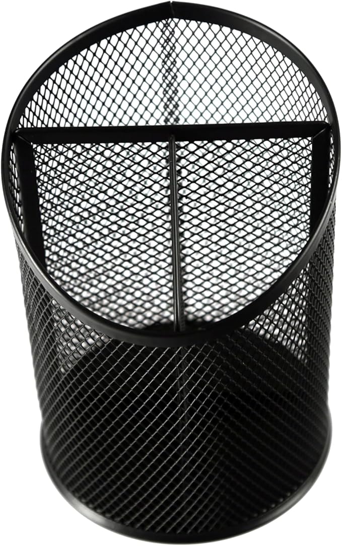Huron Desktop 3 Compartment Round 5-3/4" Metal Mesh Pen and Pencil Cup Holder Desk Organizer (1/4/24/96) (96 pc)