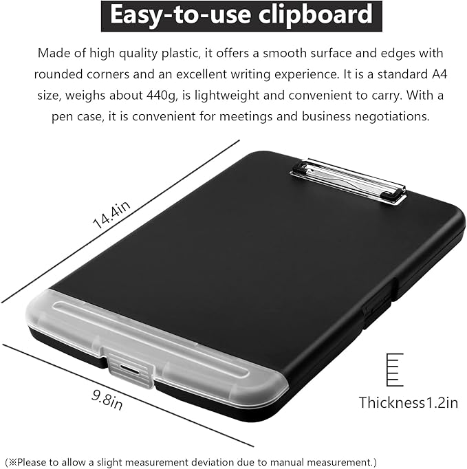 Clipboard with Storage,A4 Binder Clipboards with Pen Holder,Heavy Duty Plastic Storage Clipboard with Low Profile Clip,Nursing Clipboards Folder Side-Opening,Smooth Writing Clip Board for Office-Black