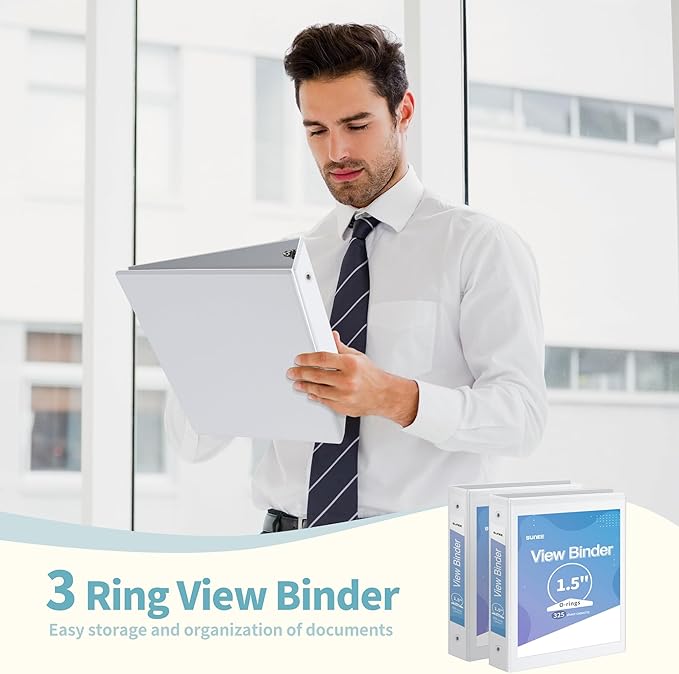 SUNEE 3 Ring Binder 1.5 Inch 10 Pack, Clear View Binder Three Ring PVC-Free (Fit 8.5x11 Inches) for School or Office Supplies, White