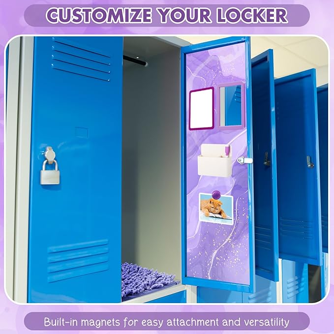 Timgle 8 Pcs Magnetic Locker Set Including Magnetic Wallpaper Mirror Locker Organizer Carpet Whiteboard Dry Erase Marker Accessories for Office School Supplies(Purple,Marble Pattern)