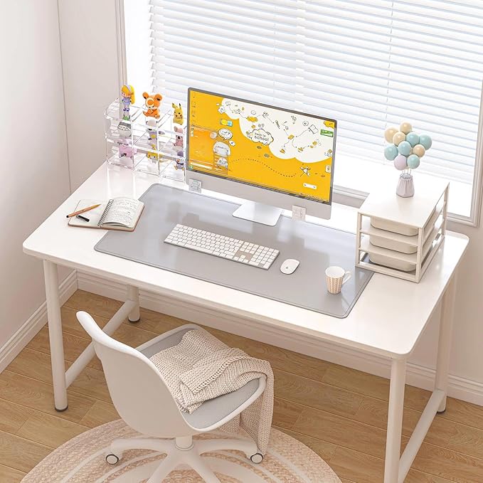 DAWNTREES Desk Mat Protector,PU Leather Laptop Pad,Non Slip, 23.6" x 13.8" Large Mouse Pad and Keyboard Mat, Waterproof Writing Pad for Office and Home (Light Gray)