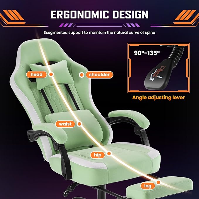 Sweetcrispy Computer Gaming Chair - High Back Ergonomic Desk Chair with Footrest and Lumbar Support, Height Adjustable Task Chair with Linkage Armrests and Headrest, 360° Swivel Wheels, Green