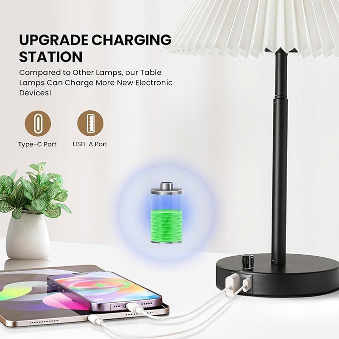 Bedside Table Lamp Set of 2: Dimmable Nightstand Bedside Lamps with USB A and C Ports, Modern Metal and Pleated Fabric Shade Black Desk Lamp for Bedroom Living Room Home Office Reading