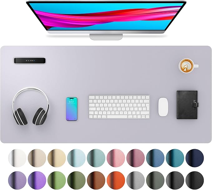 Aothia Large PU Leather Desk Pad Protector - Non-Slip Mouse Pad & Writing Mat for Office/Home, Waterproof, Easy to Clean (36" x 17", Smoky Lavender)