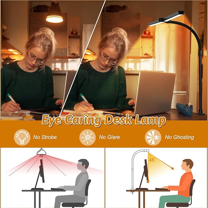 Double Head LED Desk Lamp with Timer, Remote Control 24W Brightest Computer Desk Light Office Lamp for Workbench Drafting Architect Study Reading Gaming with Anti-Glare Cover