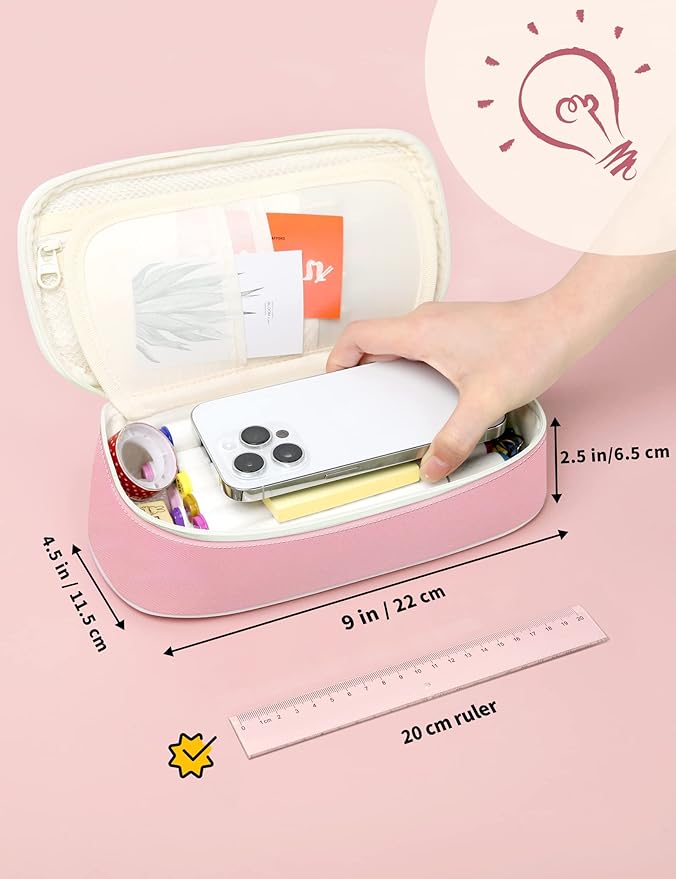 SUNEE Cute Pencil Case, Aesthetic Pen Pouch, Colored Large Pencil Bag with Zipper, Kawaii Stationery Storage and Organizer, Pink School Supplies for Teen and Adult Girls