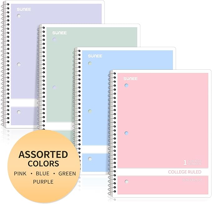 SUNEE Spiral Notebooks College Ruled, 1-Subject, 4 Pack, 8 x 10-1/2 in, 70 Sheets, 3-Hole Punched Paper, Pastel Pink, Purple, Blue, Green for School, Home & Office, Writing Journal