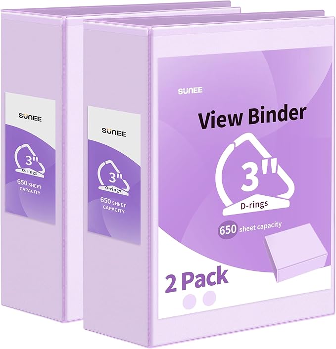 SUNEE 3 Ring Binder 3 Inch D Ring, Clear View Binder Three Ring PVC-Free (Fit 8.5x11 Inches) for School or Office Supplies, Purple, 2 Pack