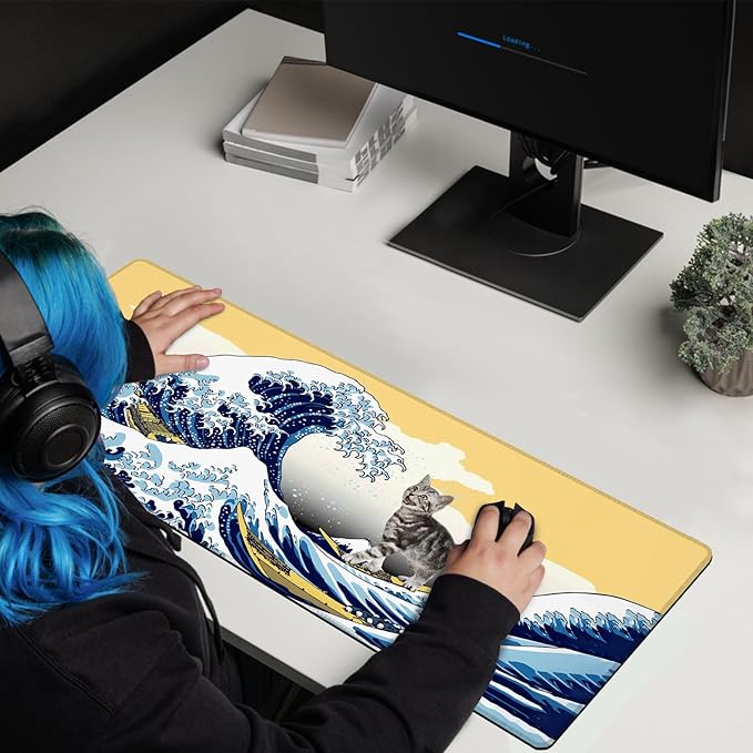 Funny Cat Surfing The Great Wave Off Kanagawa Mouse Pad - Large Non-Slip Desk Mat for Office, PC, Laptop - 31.5"x11.8" x 3mm
