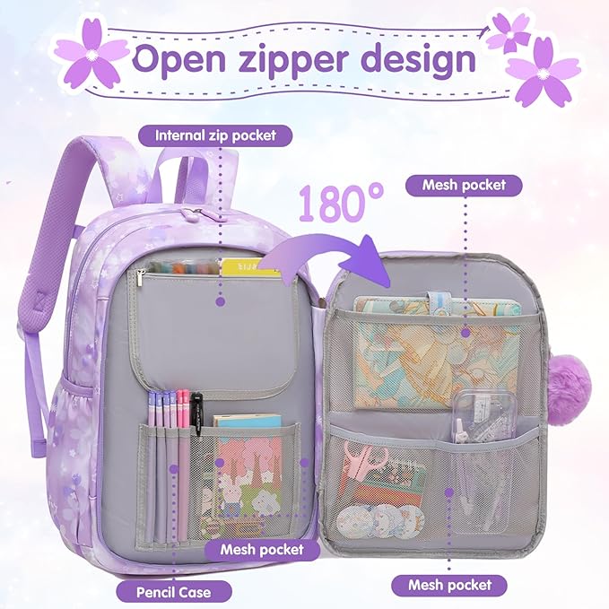 Lovely Girls Backpack School Bag for Students Kids Book Bag with Multiple Pockets Splash-proof Children's Backpack(17inch Set Purple)