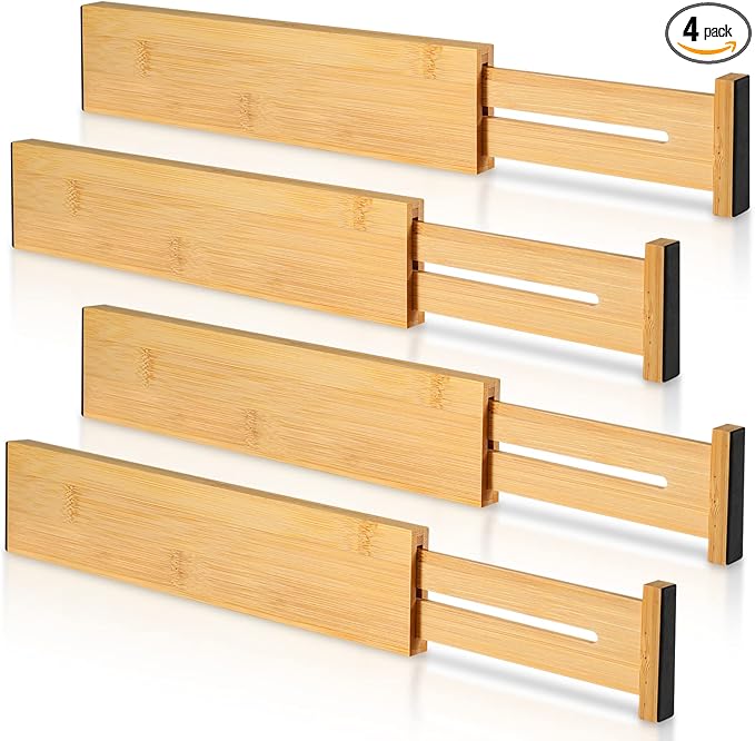 Drawer Divider for Kitchen Organization, Adjustable Bamboo Drawer Dividers Organizers (11.8-17) 4 Pack Expandable Utensil Organizers Separators for Kitchen, Bedroom & More