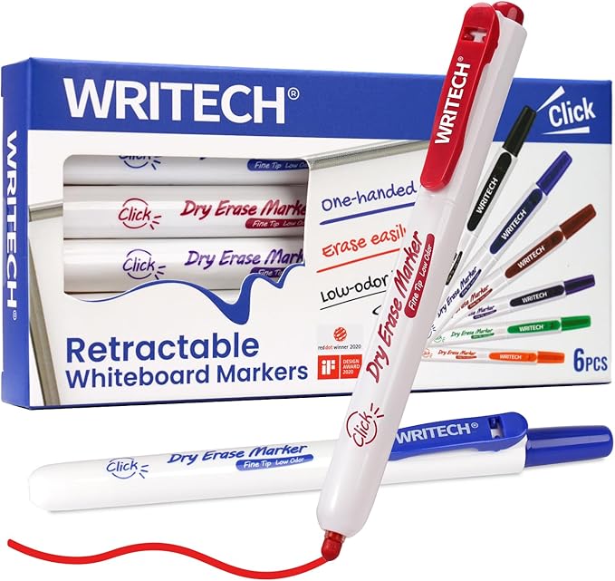 WRITECH Retractable Dry Erase Markers: Fine Point Clickable Colored Ink Marker Low Odor Erasable Thin Tip Refillable Multicolor Whiteboard Marker Pen Set 6ct No Bleed Smear