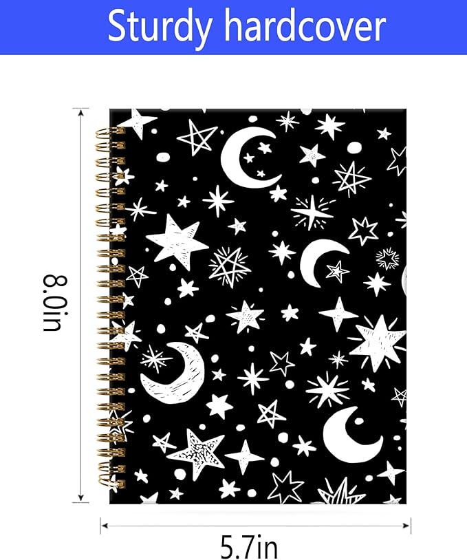 Spiral Journal Notebook,A5 Hardcover Lined Journals for Women Girl 6 x 8.3 in,120 Pages Thick Paper,Cute College Ruled Writing Notebook for Gifts Office Work School(Moon Stars)