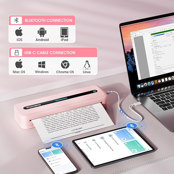 Phomemo M832 Portable Printers Wireless for Travel, Bluetooth Inkless Thermal Printer, Support 8.5"x11"/A4/4.33"/3.15"/2.08" Thermal Paper, Compatible with iPhone Laptop for Office School Home Use