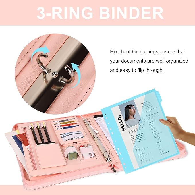 Leathario 3-Ring Portfolio Binder, Includes 5 Folder Index Dividers, 13 Inch Tablets Organizer with Handle, Vegan Leather A4 Padfolio, Multi-Pocket Notepad Business Planner Professional Document