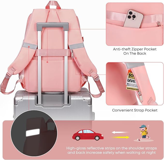 3PCS Backpack For School Women College Middle High Teen Girls Student Bookbag Waterproof Laptop Bag Pink