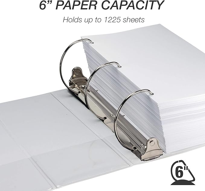 Samsill Durable 6 inch 3 Ring Binder, Made in USA, Locking D Ring FSC 100% Recycled Chipboard, Black, White, 6 Pack