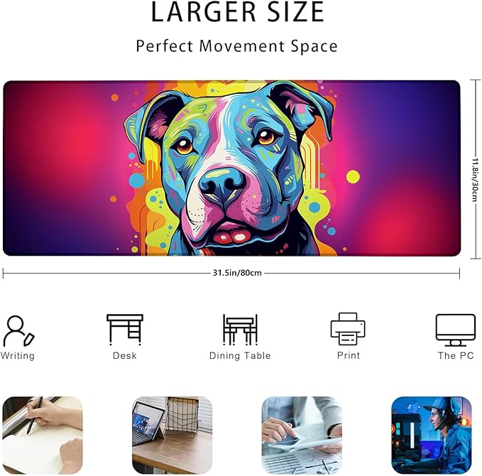 Colorful Pitbull Dog Gaming Mouse Pad Gifts 31.5" x 11.8", Non-Slip Rubber Base MousePads for Computers Laptop School Office Home Accessories Decor, Mouse Pad, Keyboard Desk Mat