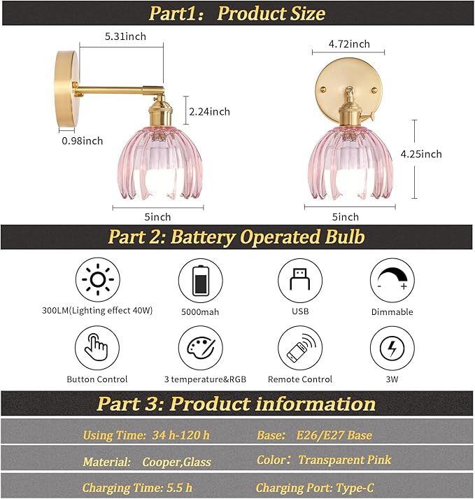 Vintage 5000 mAh Battery Operated Wall Sconce with Pink Clear Tulip Glass Lampshade Rechargeable Battery Powered Wall Light with Remote Control for Bedroom Doorway, Set of 2