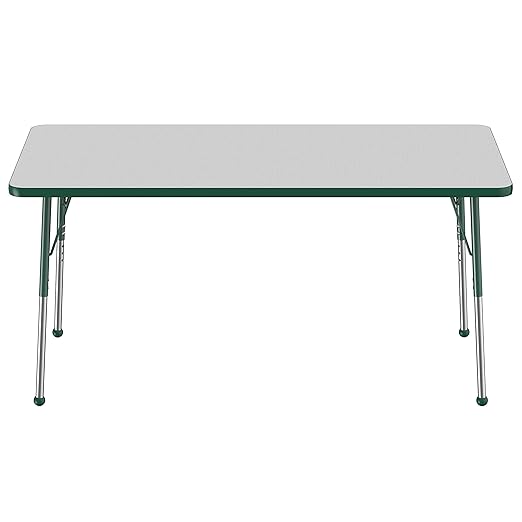 FDP Rectangle Activity School and Office Table (30 x 60 inch), Standard Legs with Ball Glides, Adjustable Height 19-30 inches - Gray Top and Green Edge